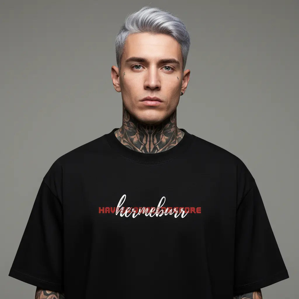 Close-up shot of Hermeburr “Take Risk and Build” T-shirt showing detailed stitching and logo print on premium 240 GSM fabric.