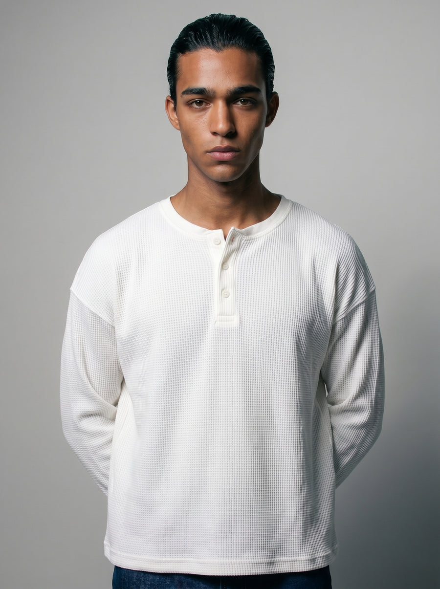 Nella Off White Waffle Knit Henley T-Shirt