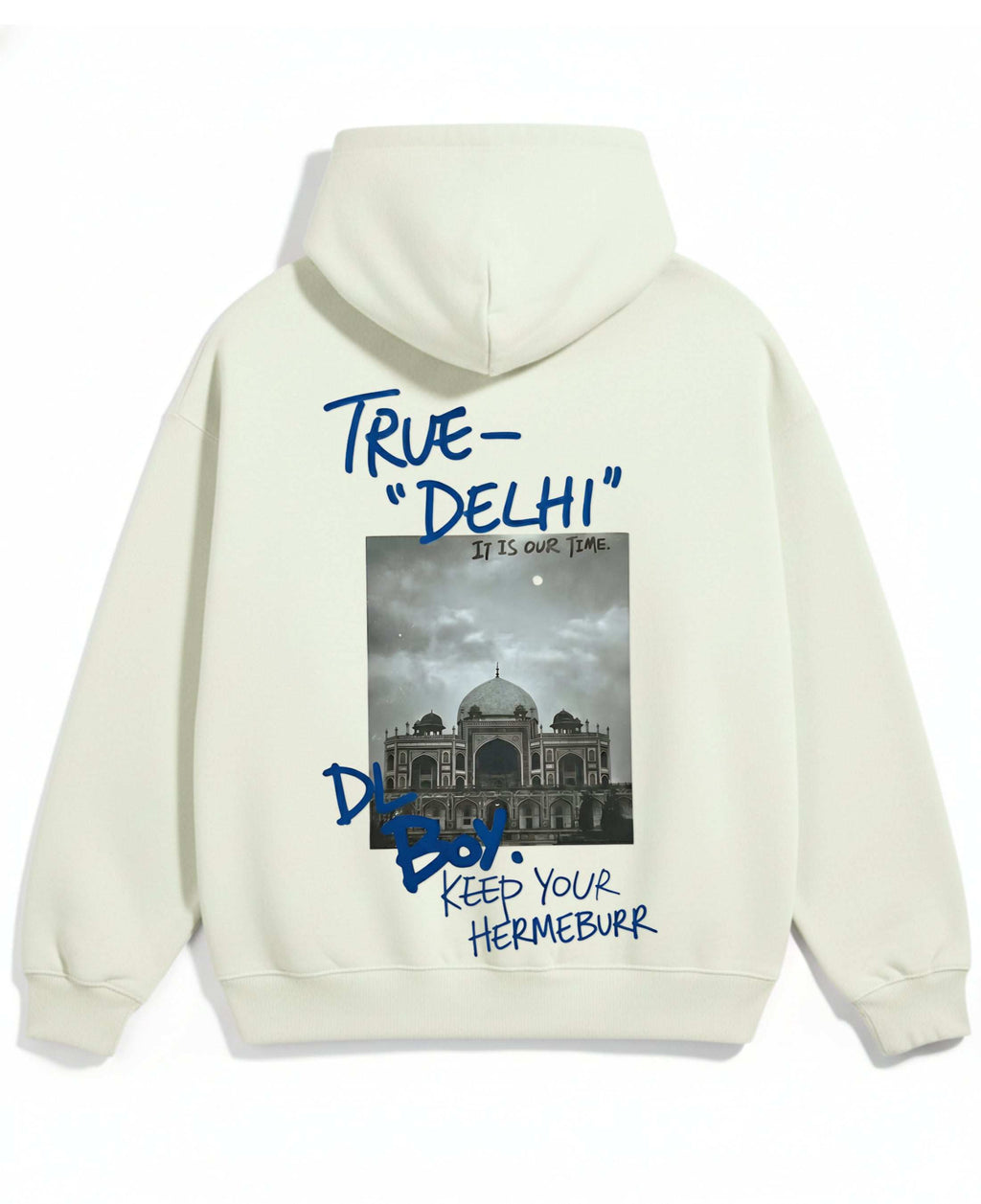 Cream True Delhi Hermeburr Hoodie with architectural back print and bold typography design