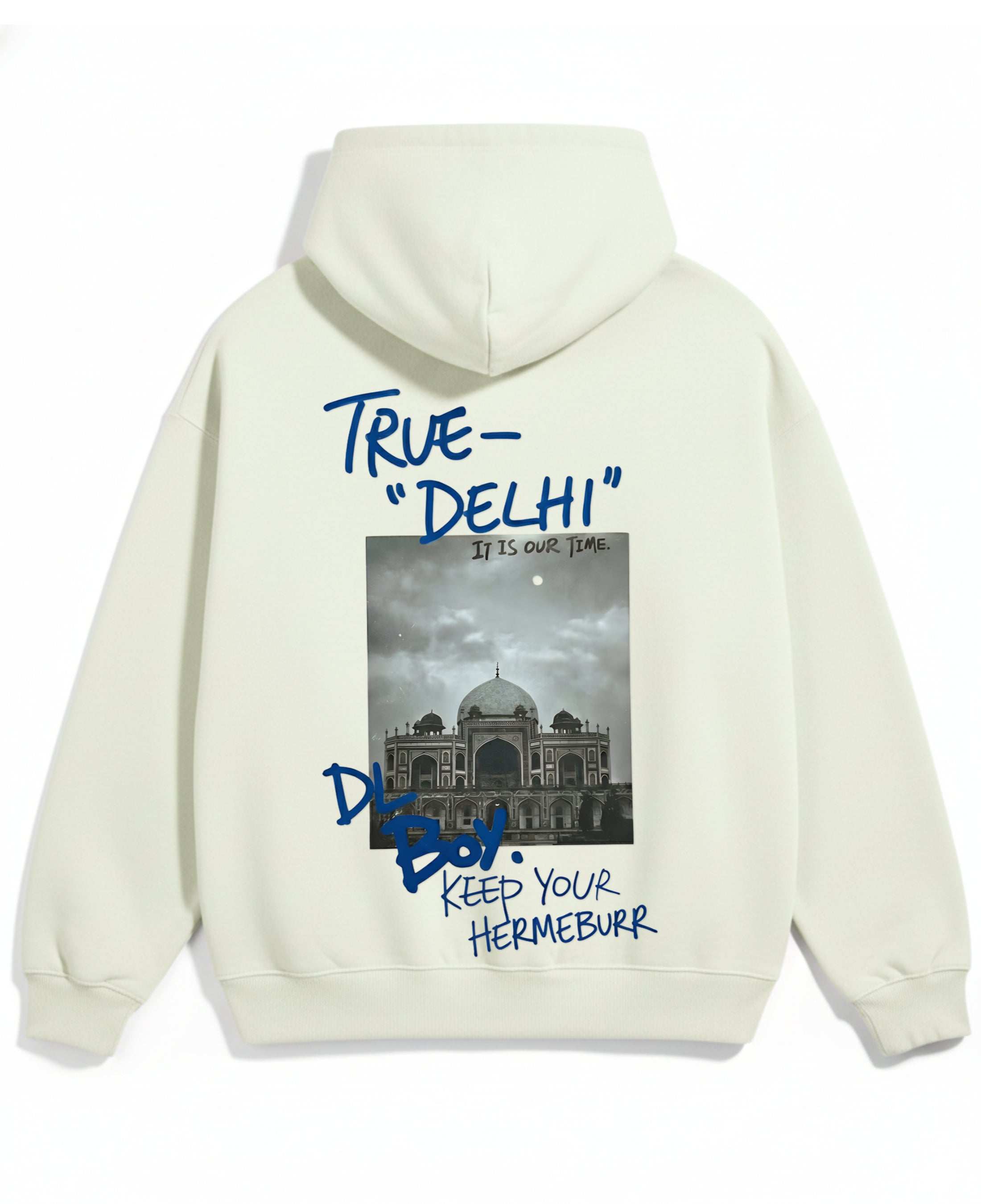 Cream True Delhi Hermeburr Hoodie with architectural back print and bold typography design